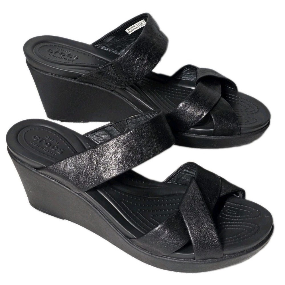 Crocs Womens Size 9 Leigh Black Criss Cross Wedge Sandals